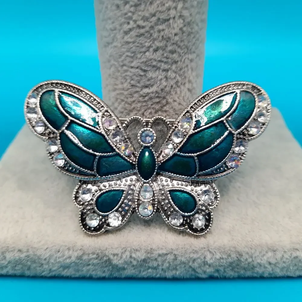 Vintage Enamel Butterfly Brooch, Metallic Teal, Aurora Borealis Rhinestones